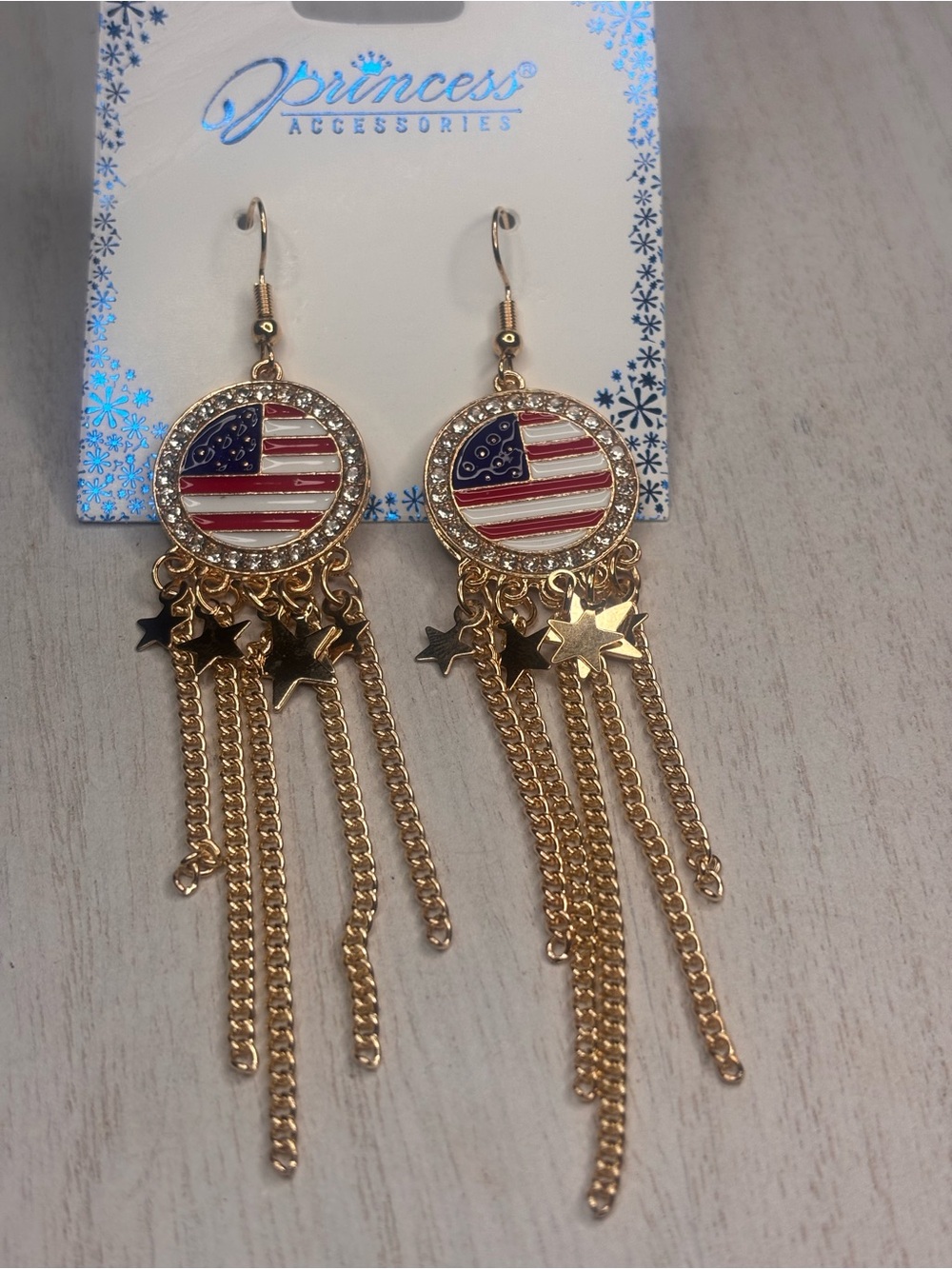 Patriotic American Flag Rhinestone Fringe Dangle Earrings - Picture 3 of 5